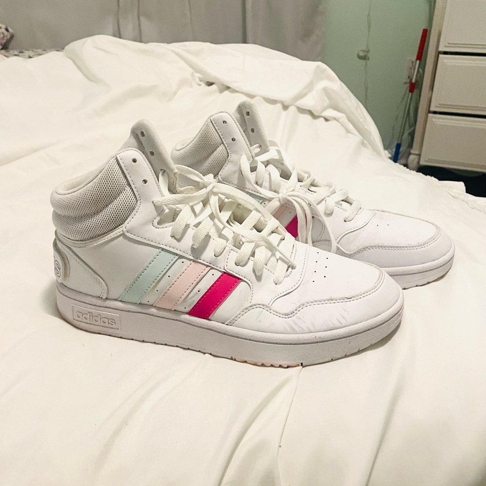 Adidas White High-Top Sneakers with Pink and Mint Stripes